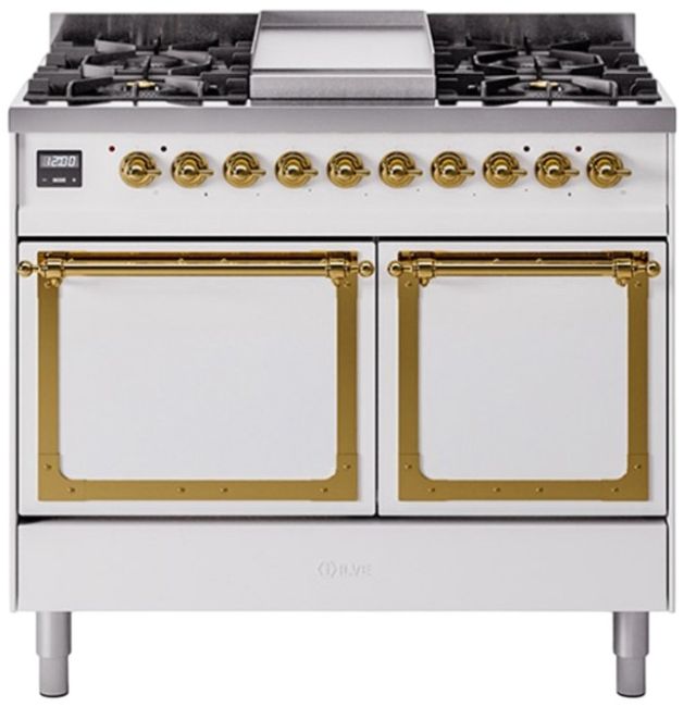Ilve® Nostalgie II Noblesse 40'' White Pro Style Dual Fuel Range with Brass Trim-0