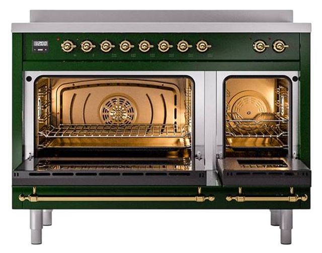 Ilve® Nostalgie II Noblesse 48'' Emerald Green Pro Style Induction Range with Brass Trim-2