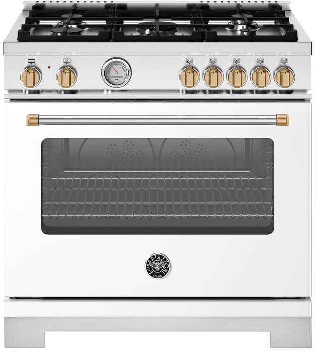 Bertazzoni Master Series 36" Fingerprint Resistant Bianco Matt Pro Style Dual Fuel Range with Gold Accents-0