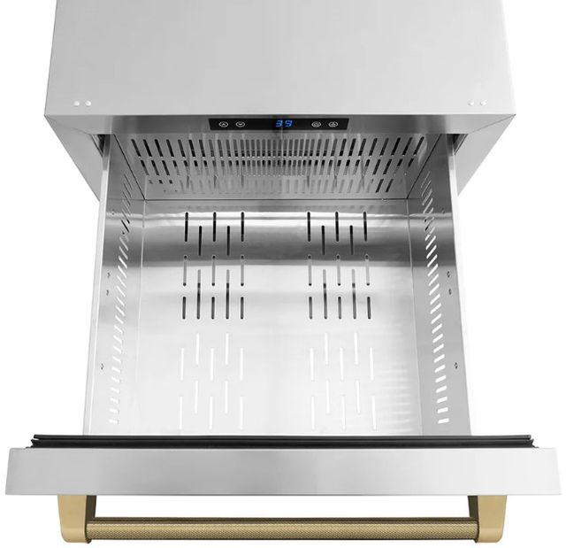 ZLINE Autograph Edition Touchstone 24 " 4.6 Cu. Ft. Stainless Steel 168 Can Outdoor-Rated Dual Refrigerator Drawer with Polished Gold Helix Handles-3