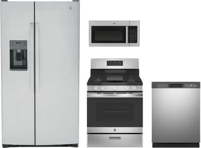 Front view of the GE® 4 Piece Stainless Steel Kitchen Package