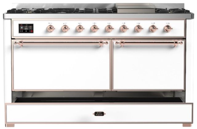 Ilve® Majestic III 60" White Pro Style Dual Fuel Liquid Propane Range with Solid Door and Copper Trim-2