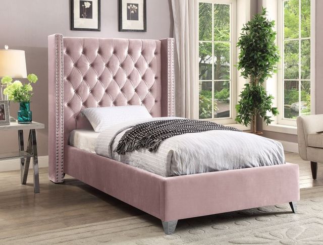 Meridian Furniture Aiden Pink Velvet Twin Bed-1