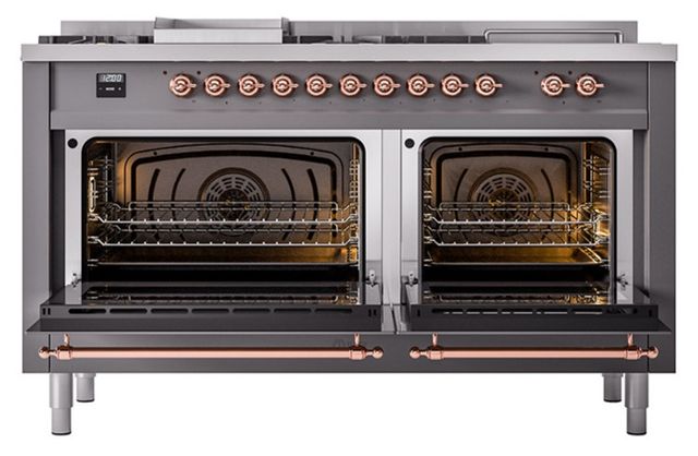 Ilve® Nostalgie II Noblesse 60'' Graphite Matte Pro Style Dual Fuel Range with Copper Trim-2