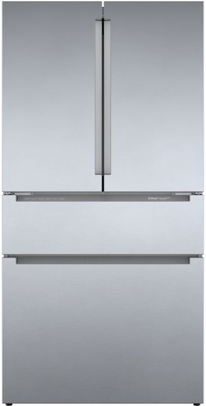 Front view of the Bosch® 800 Series 36 in. 20.5 Cu. Ft. Stainless Steel Counter Depth French Door Refrigerator