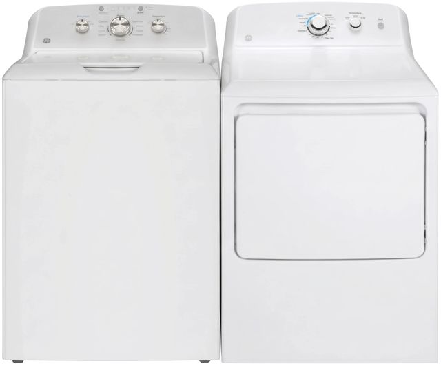 GE® White Agitator Top Load Washer & Gas Dryer Laundry Pair-0