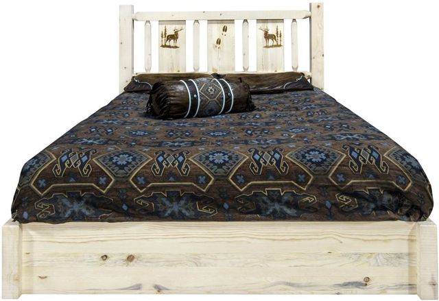 Montana Woodworks® Homestead Clear Lacquer Full Platform Storage Bed with Laser Engraved Elk Design-1