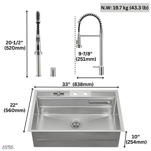 Forno Acqua MultiSINK Stainless Steel 33" Dual Mount 3-Level Workstation Sink with Waterfall Faucet and Glass Rinser-1