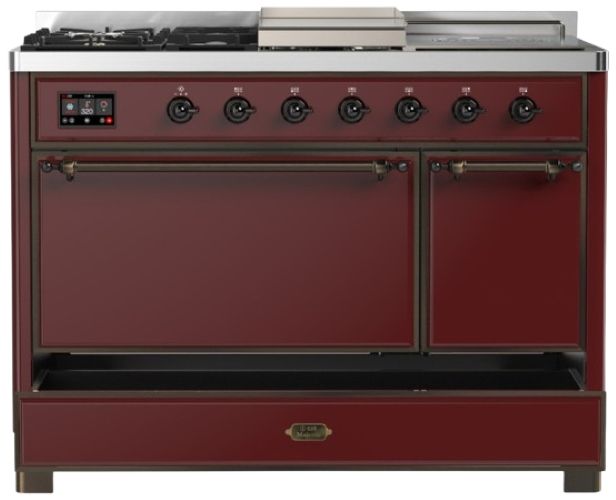 Ilve® Majestic III 48" Burgundy Pro Style Dual Fuel Natural Gas Range with French Top and Burnished Trim-2