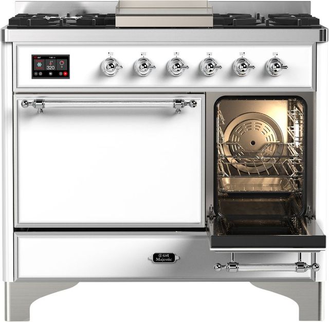 Ilve® Majestic III 40" White Pro Style Dual Fuel Liquid Propane Range with Solid Door and Chrome Trim-3