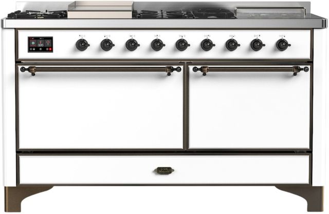 Ilve® Majestic III 60'' White Pro Style Dual Fuel Liquid Propane Range with Solid Door and Burnished Trim-0