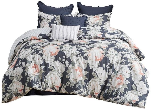 Olliix by Madison Park 8 Piece Dark Blue King Mavis Cotton Printed Reversible Comforter Set-0