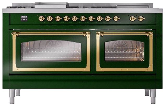 Ilve® Nostalgie II Noblesse 60'' Emerald Green Pro Style Dual Fuel Range with Brass Trim-1