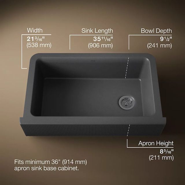 KOHLER® Cairn® Matte Graphite 34" Undermount Single-Bowl Farmhouse Kitchen Sink with Fluted Design-2