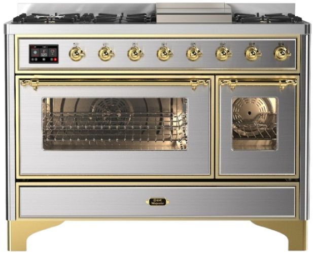 Ilve® Majestic III 48" Stainless Steel Pro Style Dual Fuel Liquid Propane Range with Griddle and Brass Trim-0