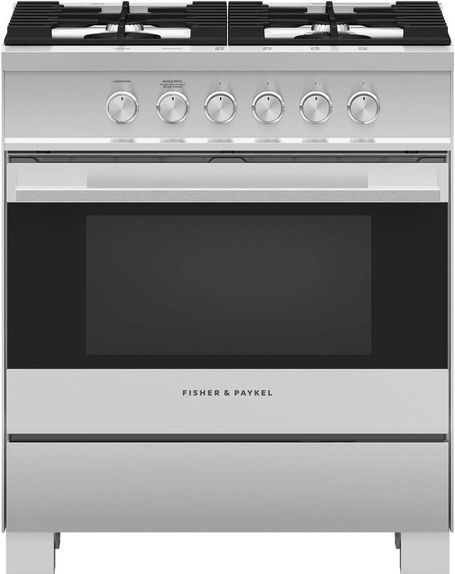 Fisher & Paykel 30" Brushed Stainless Steel with Black Glass Pro Style Natural Gas Range