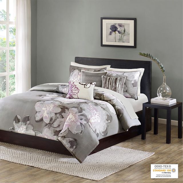 Olliix by Madison Park 6 Piece Grey Queen Serena Printed Duvet Cover Set-0