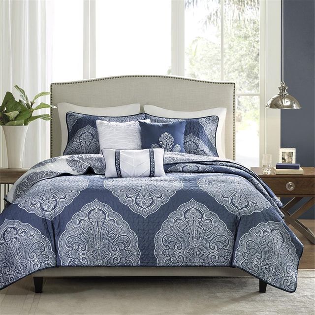 Olliix by Madison Park 6 Piece Navy King/California King Rachel Reversible Quilted Coverlet Set-1