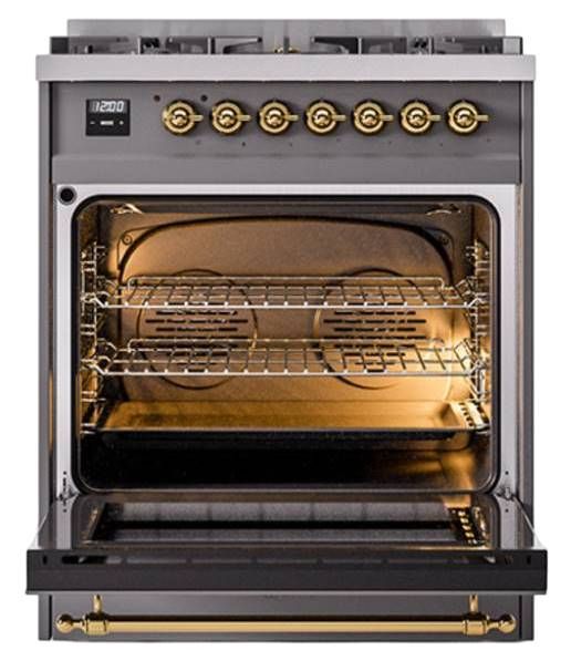 Ilve® Nostalgie II Noblesse 30" Graphite Matte Pro Style Dual Fuel Range with Brass Trim-2
