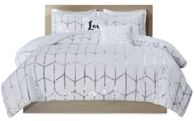 Olliix by Intelligent Design Raina Silver and White Twin/Twin XL Metallic Printed Comforter Set-0