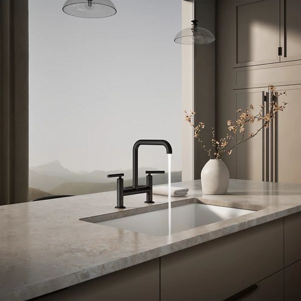 KOHLER® Purist® Matte Black 2-Hole Bridge Kitchen Sink Faucet-2