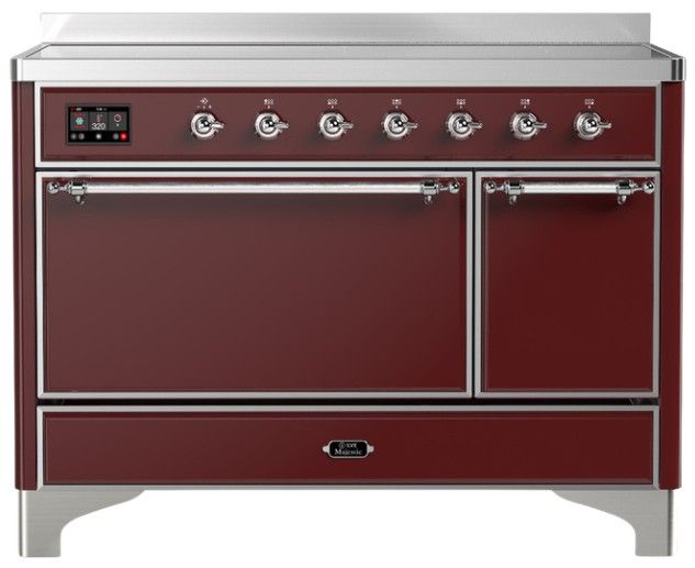 Ilve® Majestic III 48" Burgundy Pro Style Induction Range with Solid Door and Chrome Trim-0