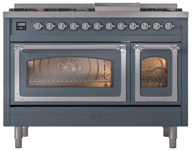 Ilve® Nostalgie II Noblesse 48'' Blue Gray Pro Style Dual Fuel Range with Chrome Trim-1