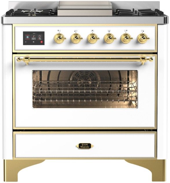 Ilve® Majestic III 36'' White Pro Style Dual Fuel Natural Gas Range with Triple Glass Door and Brass Trim-0