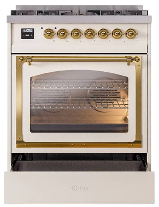 Ilve® Nostalgie II Noblesse 30" Antique White Pro Style Dual Fuel Range with Brass Trim-2