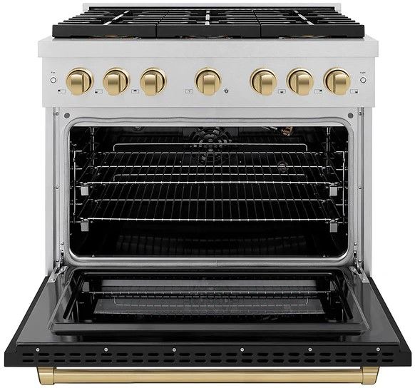 ZLINE Autograph Edition Paramount 36" 5.2 Cu. Ft. Satin Stainless Steel Gas Range with Black Matte Door and Champagne Bronze Accents-1