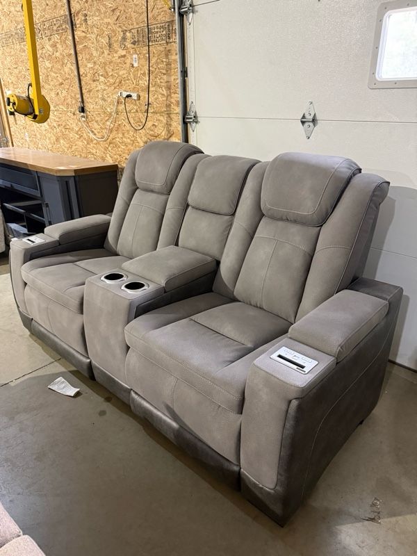 Clearance Signature Design by Ashley® Next-Gen DuraPella Two-tone Slate Power Reclining Loveseat with Console and Adjustable Headrest-0