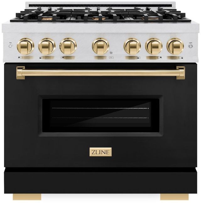 ZLINE Classic 36" Satin Stainless Steel Pro Style Gas Range with Black Matte Door and Polished Gold Accents -0