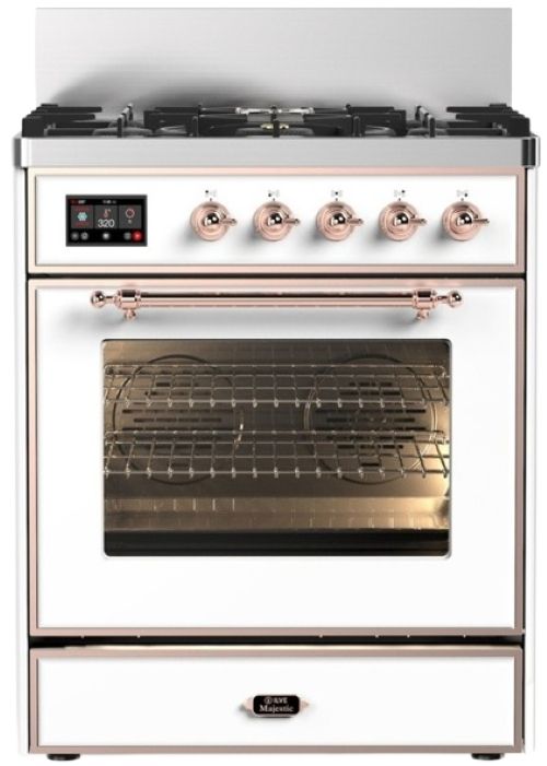 Ilve® Majestic III 30" White Pro Style Dual Fuel Natural Gas Range with 5 Black Brass Burners and Copper Trim-0
