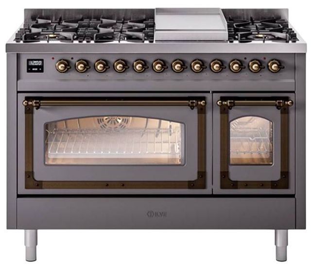 Ilve® Nostalgie II Noblesse 48'' Graphite Matte Pro Style Dual Fuel Range with Burnished Trim-0