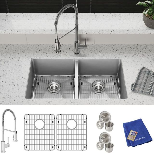 Elkay Crosstown® 6-Piece Polished Satin 31-1/2" x 18-1/2" x 9" Equal Double Bowl Undermount Sink Set with Faucet-3