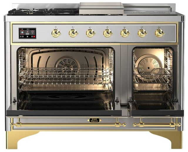 Ilve® Majestic III 48" Stainless Steel Pro Style Dual Fuel Liquid Propane Range with Solid Door and Brass Trim-1