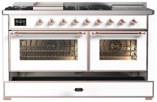 Ilve® Majestic III 60" White Pro Style Dual Fuel Natural Gas Range with French Top and Copper Trim-2