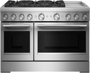 Front view of the KitchenAid® 48" Stainless Steel Pro Style Dual Fuel Range with Chrome Electric Griddle