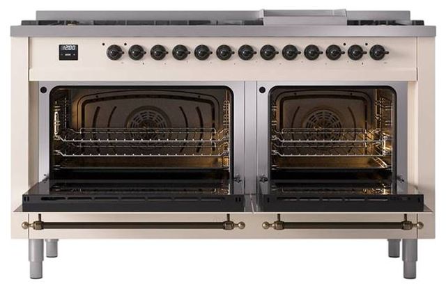 Ilve® Nostalgie II Noblesse 60'' Antique White Pro Style Dual Fuel Range with Burnished Trim-2