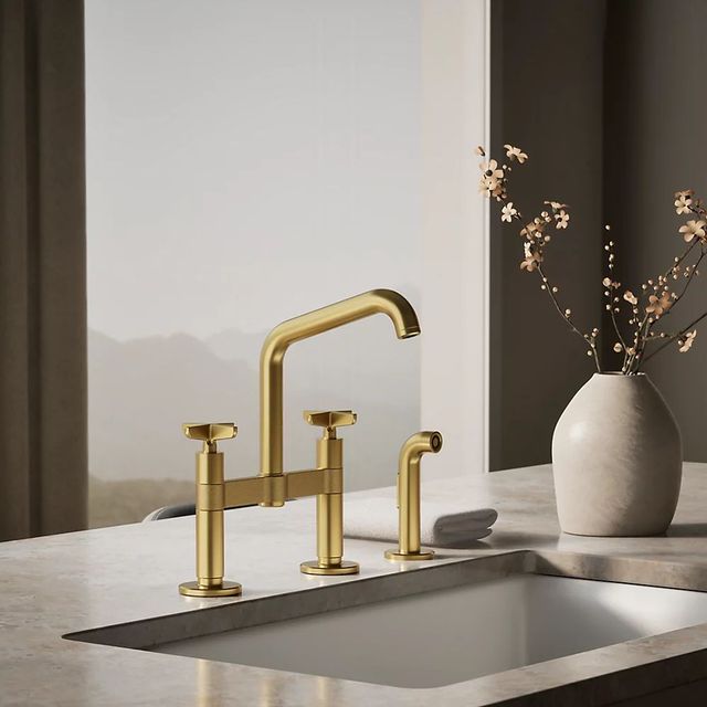 KOHLER® Billet® Vibrant Brushed Moderne Brass 2-Hole Bridge Kitchen Sink Faucet with Side Sprayer-1