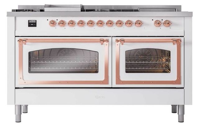 Ilve® Nostalgie II Noblesse 60'' White Pro Style Dual Fuel Range with Copper Trim-1