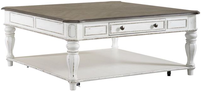 Liberty Furniture Magnolia Manor Weathered Bark Oversized Square Cocktail Table with Antique White Base-0