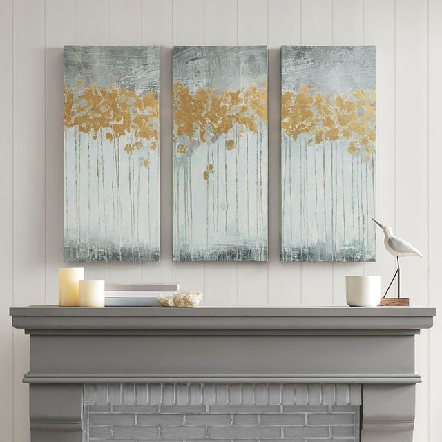Olliix by Madison Park Dewy Forest 3 Piece Grey Abstract Gel Coat Canvas with Metallic Foil Embellishment Set-4