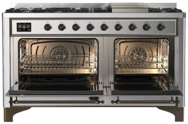 Ilve® Majestic III 60" Stainless Steel Pro Style Dual Fuel Natural Gas Range with Solid Door and Burnished Trim-1