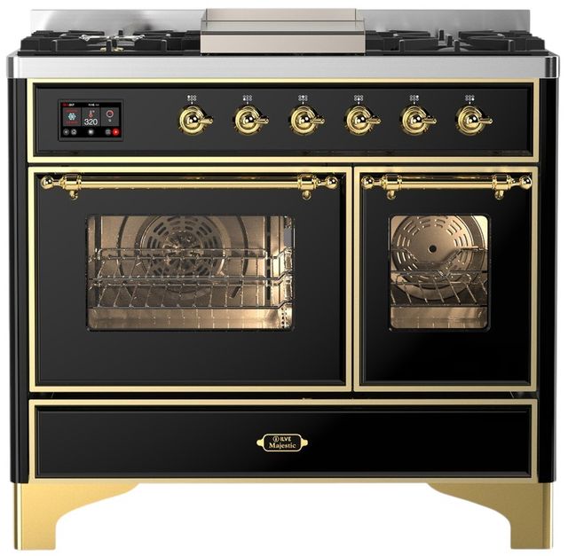Ilve® Majestic III 40" Glossy Black Pro Style Dual Fuel Natural Gas Range with Triple Glass Door and Brass Trim-0