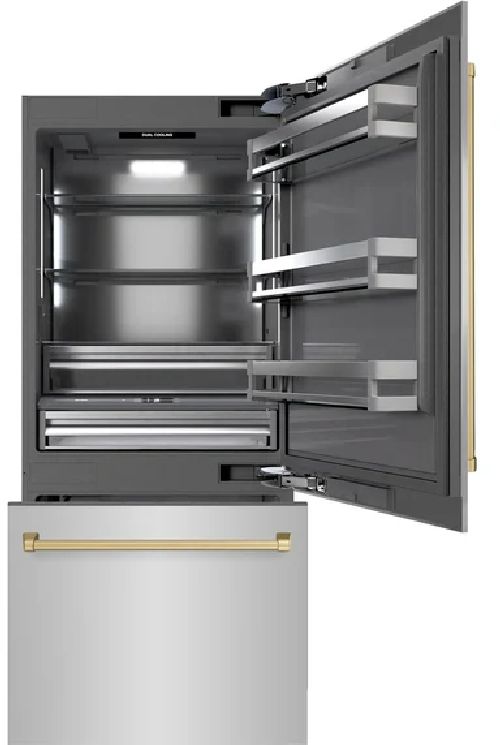 ZLINE Autograph Edition 36" 19.8 Cu. Ft. Stainless Steel Built-In Bottom Freezer Refrigerator with Graphite Gray Interior and Champagne Bronze Accents-1