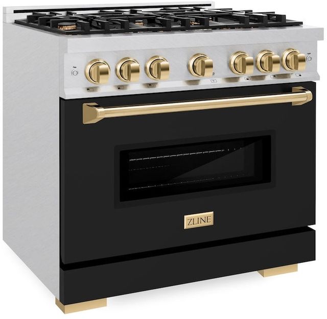 ZLINE Classic 36" Satin Stainless Steel Pro Style Gas Range with Black Matte Door and Polished Gold Accents -3