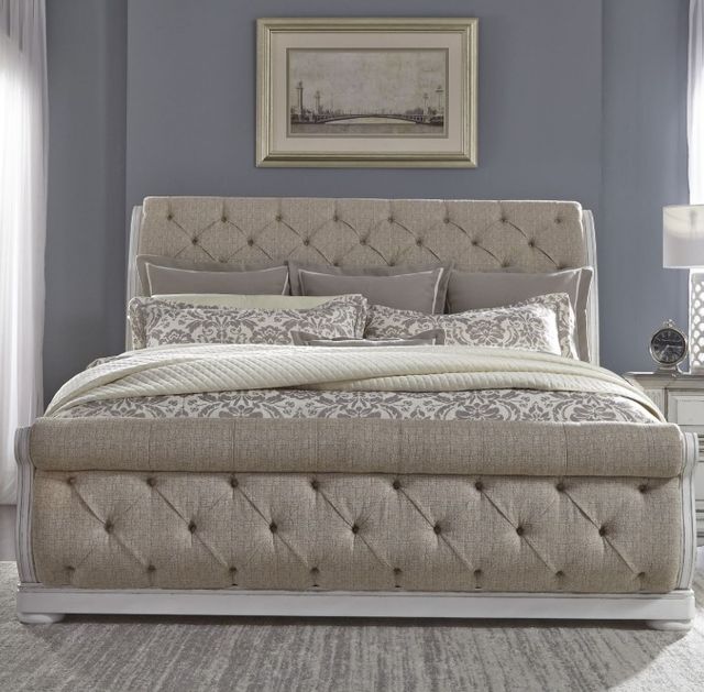Liberty Furniture Abbey Park Antique White/Weathered Brown California King Upholstered Sleigh Bed-1