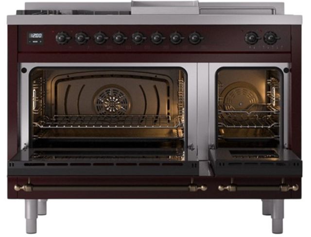 Ilve® Nostalgie II Noblesse 48'' Burgundy Pro Style Dual Fuel Range with Burnished Trim-2
