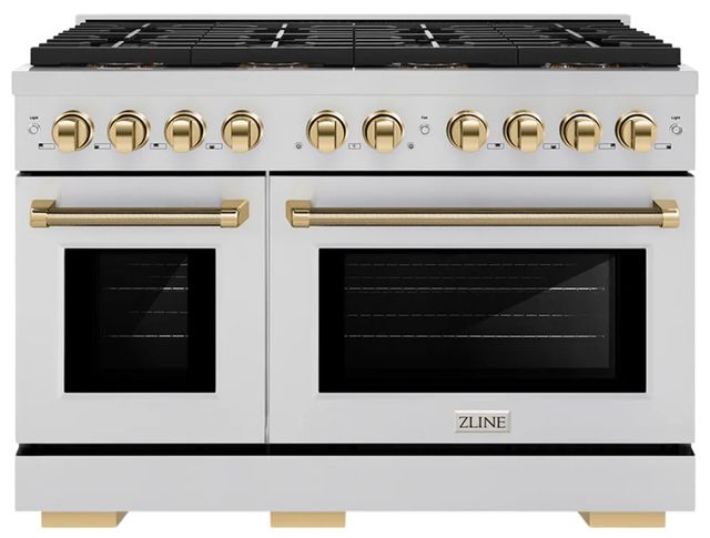 ZLINE Autograph Edition Paramount 48" 6.7 Cu. Ft. Stainless Steel Gas Range with 8 Burner DuoPro™ Cooktop and Dual Ovens with Polished Gold Helix Handles and Accents-0